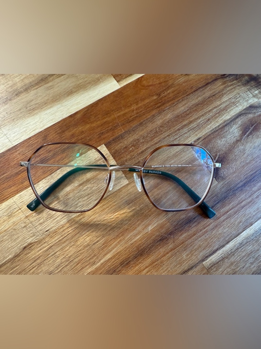 Super Lightweight Warby Parker Brown & Gold Hexagonal Glasses with Black Temples